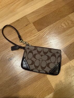 Coach Brown Signature Canvas Wristlet with Dark Brown Leather Trim